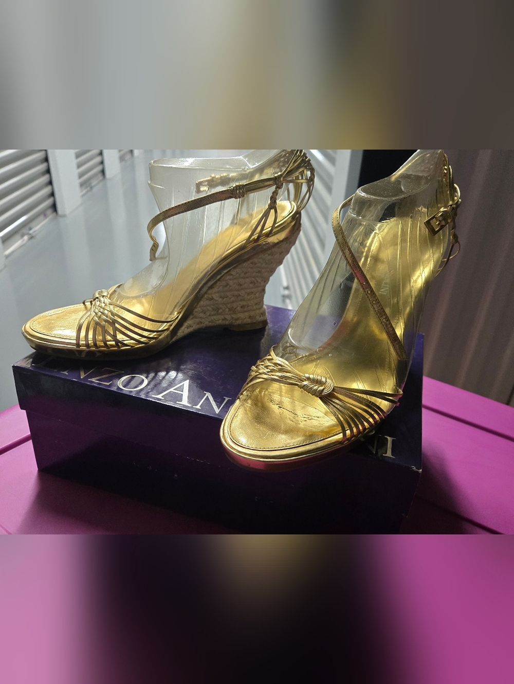 Enzo Angiolini Gold Leather Wedge Sandals